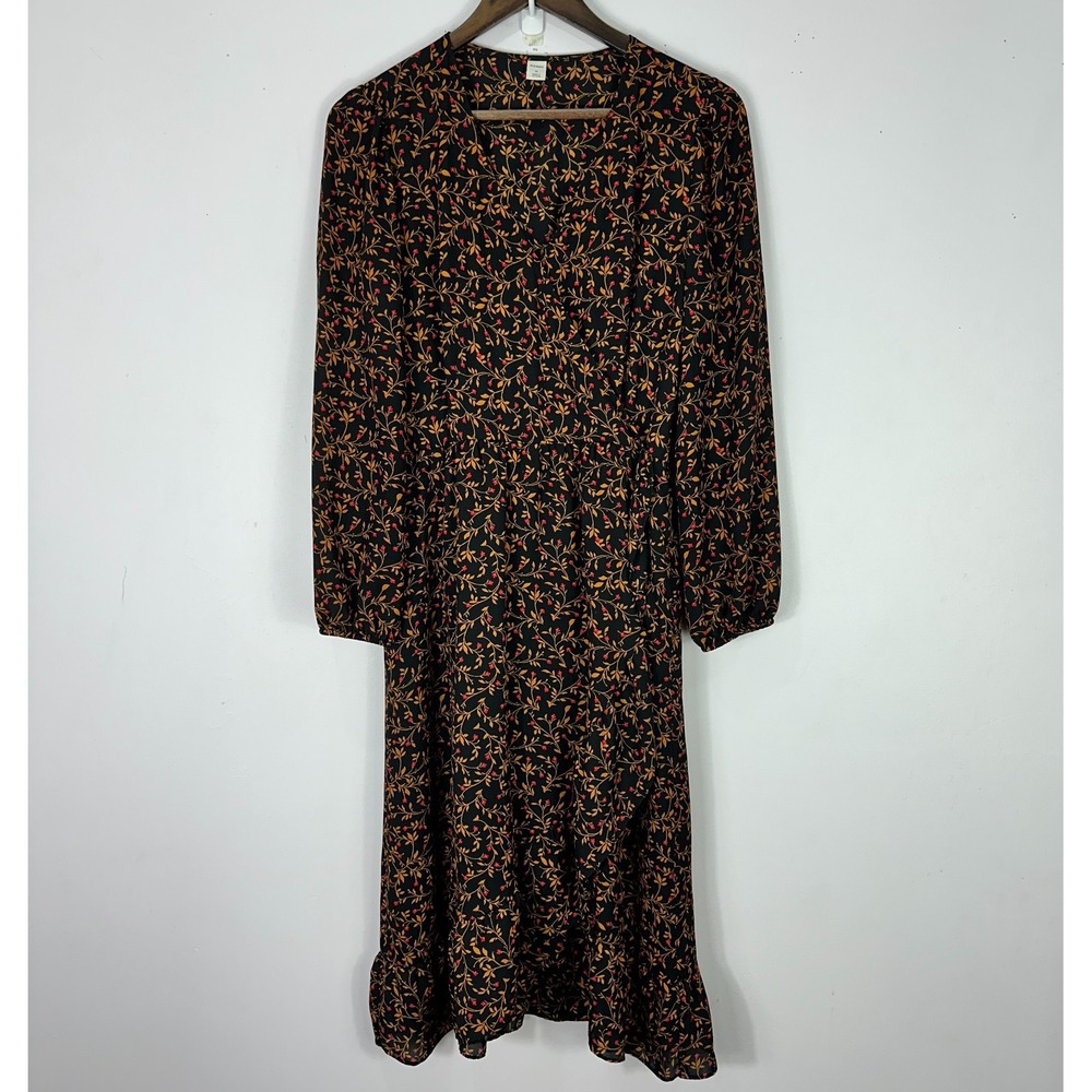 Old Navy Dress M Black‎ Floral Midi Boho Cottage Prairie Dark Feminine Romantic